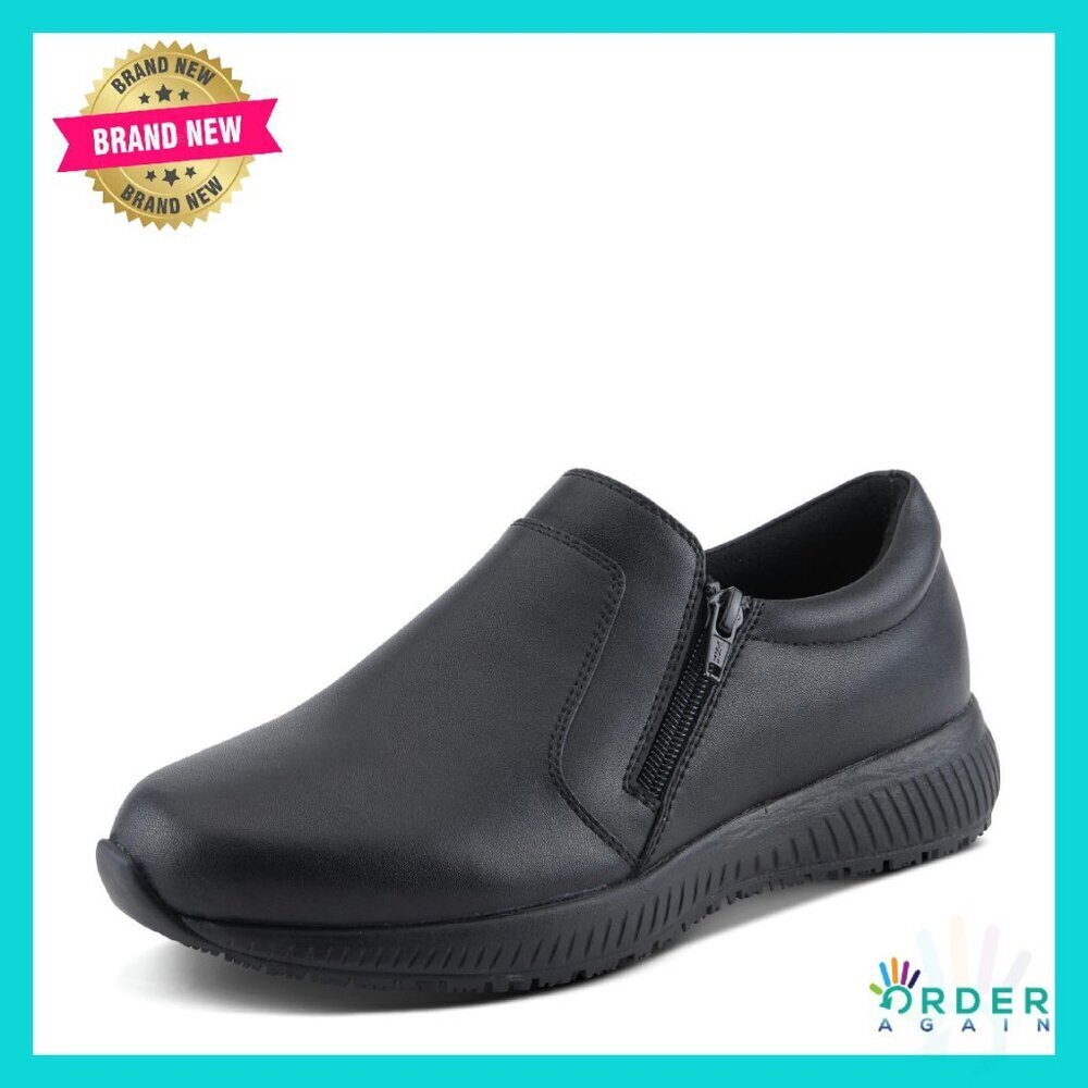 Leather Slip On Work Shoes Cushioned Footbed Zipper Closure Professional Wear